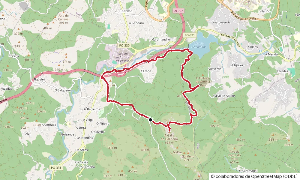 Mapa del PR-G 1 Sendeiro do Galiñeiro: circular de 8,77 km desde el Merendeiro do Galiñeiro por la cima y el encoro de Zamáns