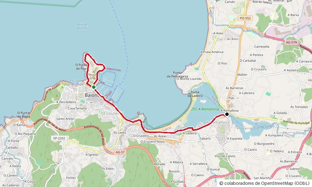 Mapa del Sendero Litoral de Baiona: trazado lineal de 5,87 km desde la playa de A Concheira hasta el puente de A Ramallosa